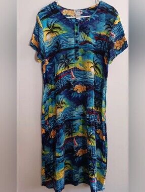 Tropical Hawaiian Print Button-Front Maxi Dress - Blue & Yellow
